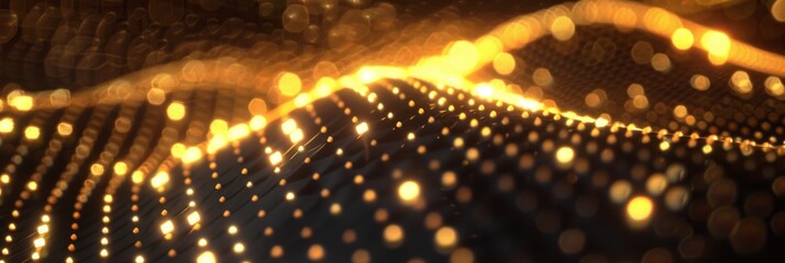 An abstract digital wallpaper featuring glowing dots and waves on a black background, designed in a futuristic style for banners or presentations, with a color scheme of black and gold