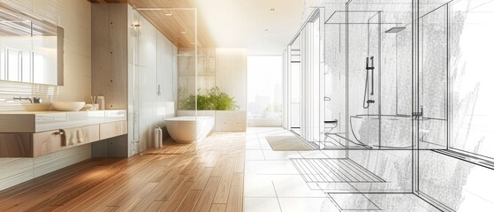 Modern Bathroom Design Sketch with Sunlight..
