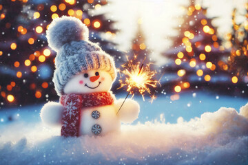 Obraz premium Happy smiling snowman sparkler candle party woolen hat scarf fir Christmas trees ligths. Bengal fire. Copy space.