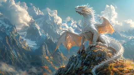 epic printable mural of a legendary dragon perched atop a mountain peak perfect for enhancing the walls of a themed adventure park's roller coaster queue setting the stage for thrilling rides