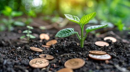 A young seedling sprouting in fertile, moist soil surrounded by scattered coins, representing financial growth, isolated on white, plenty of copy space, highresolution, detailed im