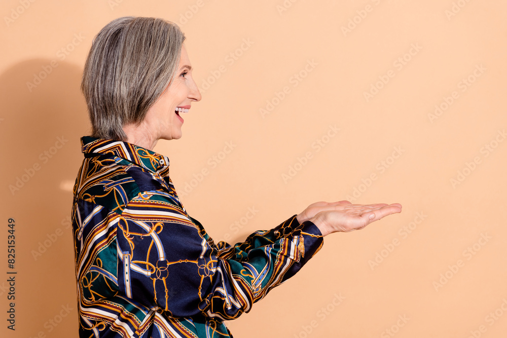 Poster side profile photo of overjoyed ecstatic woman wear print blouse look empty space palms hold product