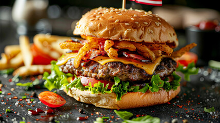 A mouth-watering cheeseburger with a sesame seed bun, crispy bacon, fresh lettuce, tomato, red...