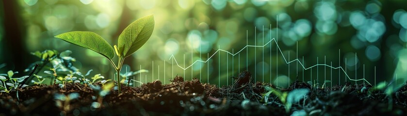 A seedling sprouting in a forest with an upward financial graph in the background, symbolizing economic growth, high resolution, sharp detail, vibrant and professional stock photo.