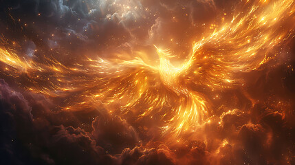 ethereal mural of a celestial phoenix rising from a sea of stars symbolizing hope and rebirth in the darkest of times