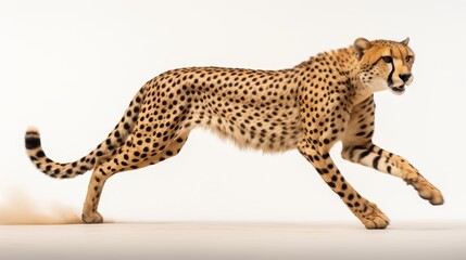 Cheetah in motion, ready to pounce, against plain white background, full body length