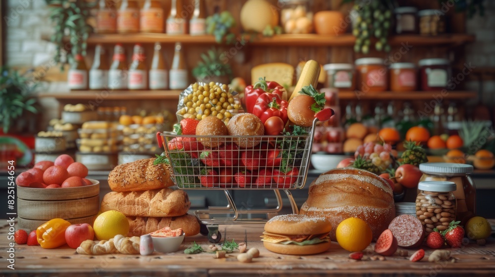 Poster an imaginative visualization of a shopping cart brimming with an array of groceries and food items, 