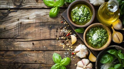 Traditional italian sauce pesto with green basil in wooden bowl isolated on white background