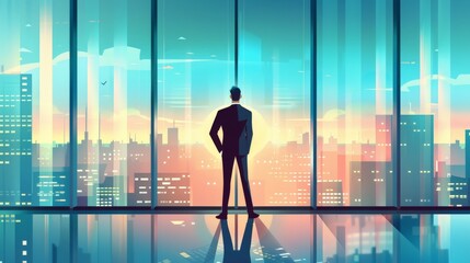 Illustration of an executive character in a business suit, standing in front of a large window with a cityscape view, conveying corporate success and business management in a 2D flat style.