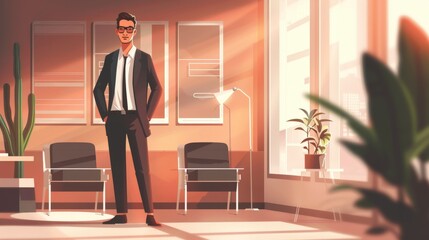 A CEO character in professional attire, standing confidently in an executive office with minimalistic design elements, perfect for representing corporate leadership in a 2D flat style illustration.