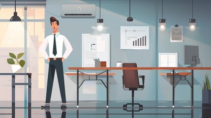 A business executive character in a 2D flat style illustration, shown making an executive decision in a modern office setting, with a focus on simplicity and professional attire.