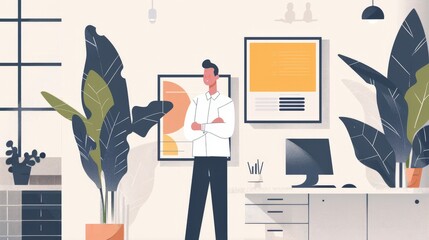 A 2D flat style illustration of a corporate leader presenting a business strategy, set in a modern office environment with clean lines and minimalistic decor, representing professional leadership.