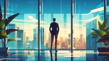 A business executive character in a 2D flat illustration, standing in an office setting with a large window and cityscape view, highlighting corporate success and business management.