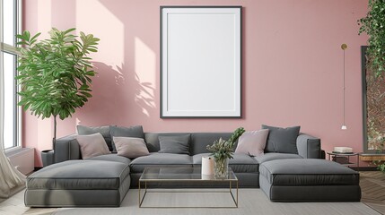 An oversized frame mockup on a soft pink wall, dominating a contemporary living room setup with a plush gray sectional and chic glass coffee table.