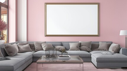 An oversized frame mockup on a soft pink wall, dominating a contemporary living room setup with a plush gray sectional and chic glass coffee table.