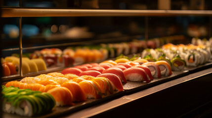 Vibrant sushi displayed at a luxury restaurant counter.
