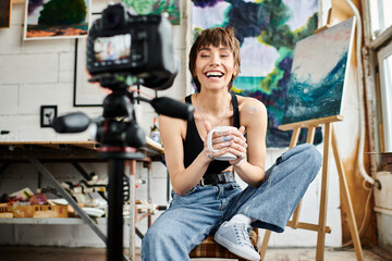 Elegant woman sits on stool, captivated by camera.