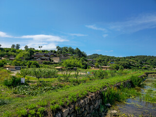 A lush green hillside with a small village in the distance. The sky is clear and blue, and the sun is shining brightly