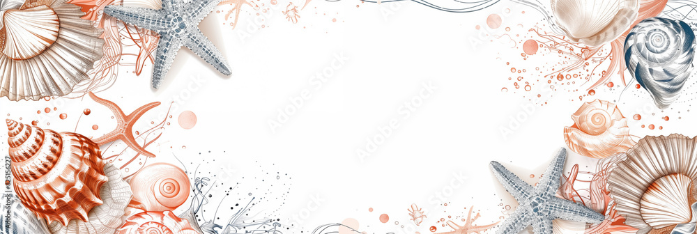 Wall mural seashell and starfish banner on white background with watercolor effect. panoramic web header. wide 