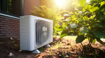 Close up of ductless mini split air conditioner unit outdoors in a garden setting