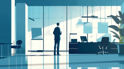 Illustration of a business executive making an executive decision in a modern office setting, with clean lines and minimalistic design, perfect for representing leadership in a 2D flat style.