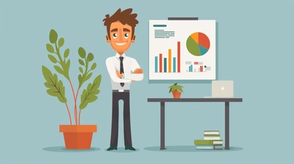 A business leader character in a 2D flat style, presenting a business strategy in a professional setting, with a focus on simplicity and corporate strategy.