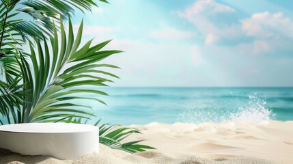Round white podium on the sand on the seashore with palm leaves on the background,