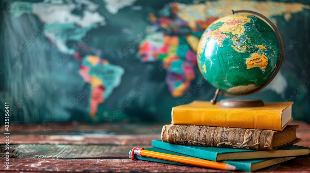 Poster a globe stands on a stack of old books on a wooden desk, with a colorful world map in the background