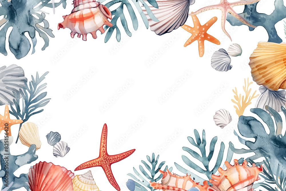 Wall mural colorful seashell frame with copy space and various sea elements in watercolor style