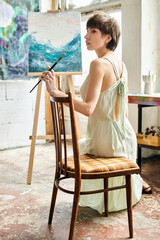 Woman seated in chair, admiring painting in front.