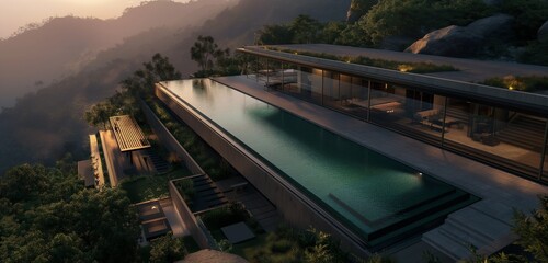 Capture a luxury cabin at dawn, located at the crest of a verdant mountain. The cabin includes a long, rectangular swimming pool that catches the morning light. - Powered by Adobe