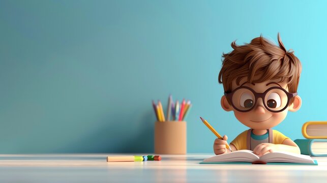 A 3D cute cartoonish boy doing his homework at his desk, with space for text