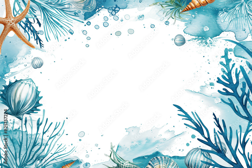 Sticker underwater marine frame with starfish and seashells swirling around white background with copy space