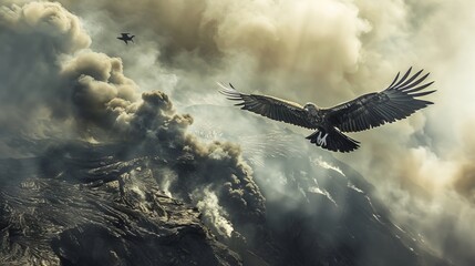 Bird flying over volcanic eruption for adventure or travel themed designs