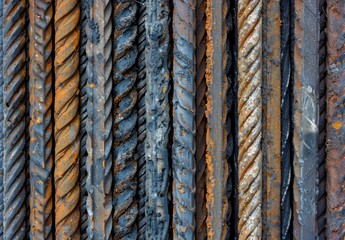 Fototapeta premium Close-up texture of deformed steel bars used in reinforced concrete, showing metal details of rebar and reinforcement rods at a construction site.