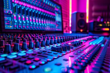 Obraz premium A computer monitor sits on a desk in front of a pair of speakers