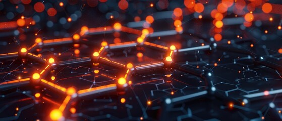 Fototapeta premium 3D render of an organic chemistry reaction with carbon chains illuminated, visualizing molecular interaction close up, chemical processes, realistic, Composite, laboratory setting