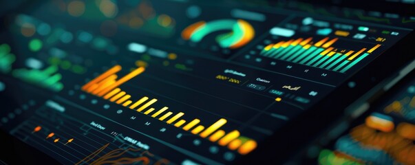 Closeup of a financial dashboard on a tablet screen showing assets, real-time monitoring close up, financial overview, realistic, Composite, office desk backdrop