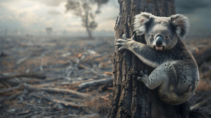 Photo realistic image of a koala clinging to a lone tree in a deforested area, symbolizing the impact of carbon emissions and habitat destruction   High resolution concept with glo
