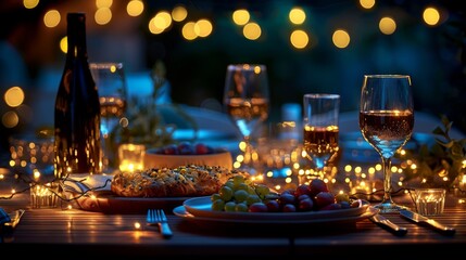 Set the scene for a festive outdoor dinner party with elegant table settings, twinkling string lights, and festive centerpieces.