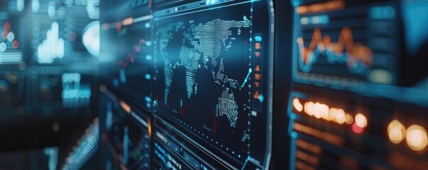 Close-up stock chart, investment decisions copy space, financial planning, futuristic, Fusion, computer monitor