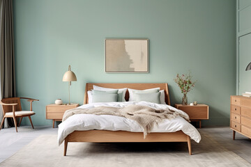 A tranquil bedroom adorned with sleek wooden furniture against a backdrop of muted mint green walls, emitting a sense of peacefulness and simplicity.