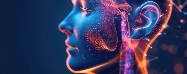 Lighting shines on a 3D rendered vestibular system within the ear, illustrating balance function close up, inner ear anatomy, realistic, Composite, medical textbook backdrop