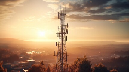 A photo of a 5G antenna on a telecommunications mast with a sunset backdrop