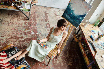 Woman sitting in chair with brush and palette.