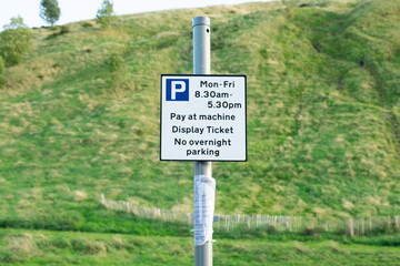 Parking sign on pole in car park in Holyrood Park, Edinburgh,Scotland
