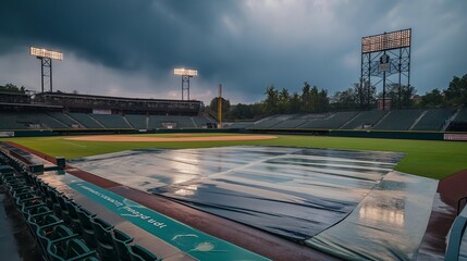 The field of an empty baseball stadium during a rain delay, with puddles forming on the tarp-covered infield and the stands silent and waiting.