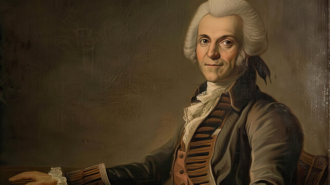 smiling Maximilien Robespierre on vintage style with copy space for bastille day background.