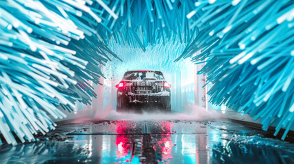Black car in automatic car wash, foam water, Automatic car wash in action. Rotating blue brushes. Washing vehicle. Brush washer clean blue auto car on automatic car wash station.