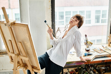 A woman holds a paintbrush while standing next to an easel.